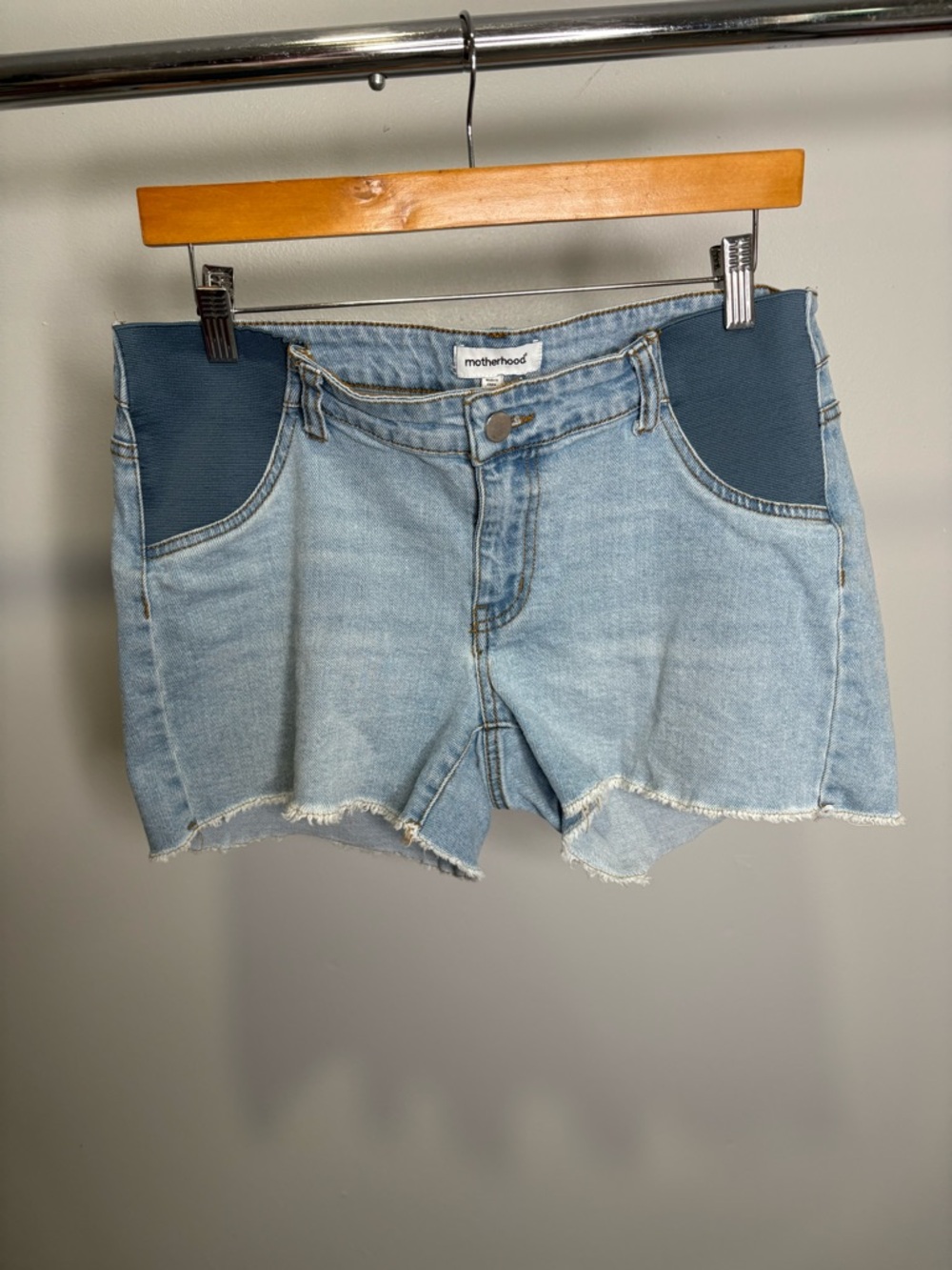 Motherhood Light Wash Denim Shorts with Dark Blue Side Panels